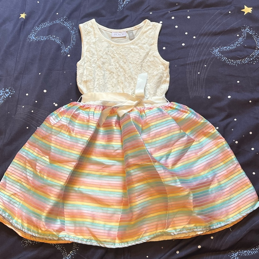 Girls Sz 7/8 The Children's Place White Lace & Rainbow Stripe Dress